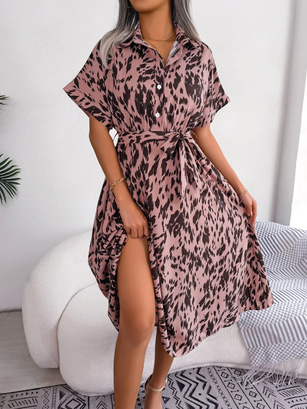 Ficusrong Women Summer Casual Loose Leopard Lace Up Shirt Dress For Ladies Fashion All Match Chic Dresses