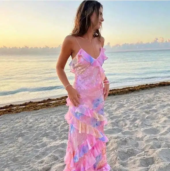 Women Solid Halter Neck Ruffle Long Dress Elegant Sleeveless Chiffon Tiered Waist Cinching Maxi Dresses 2026 New Street Vestidos