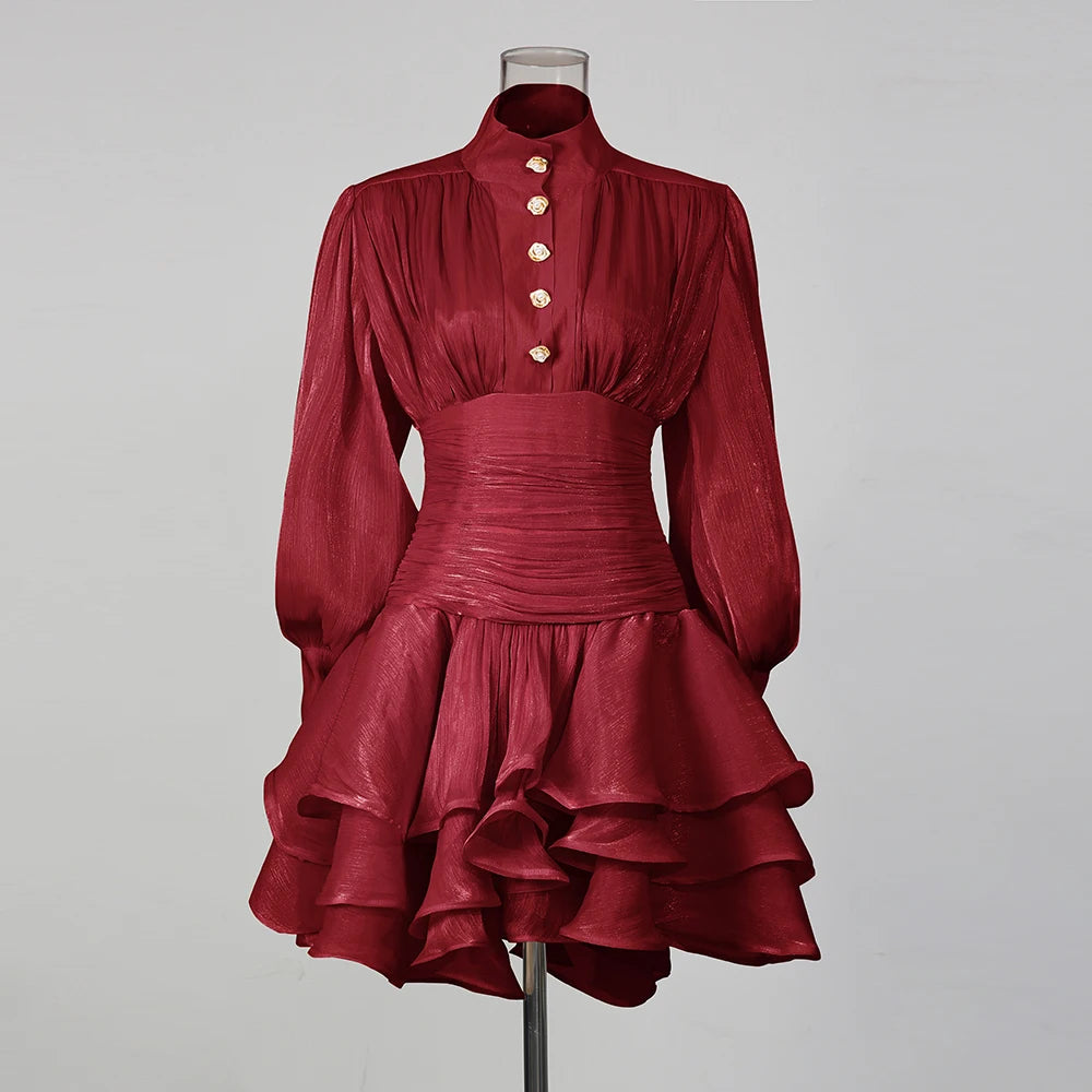 TWOTWINSTYLE Solid Spliced Ruffles Folds Elegant Dresses for Women Stand Neck Long Sleevs Tunic Temperament Dress Female Fashion