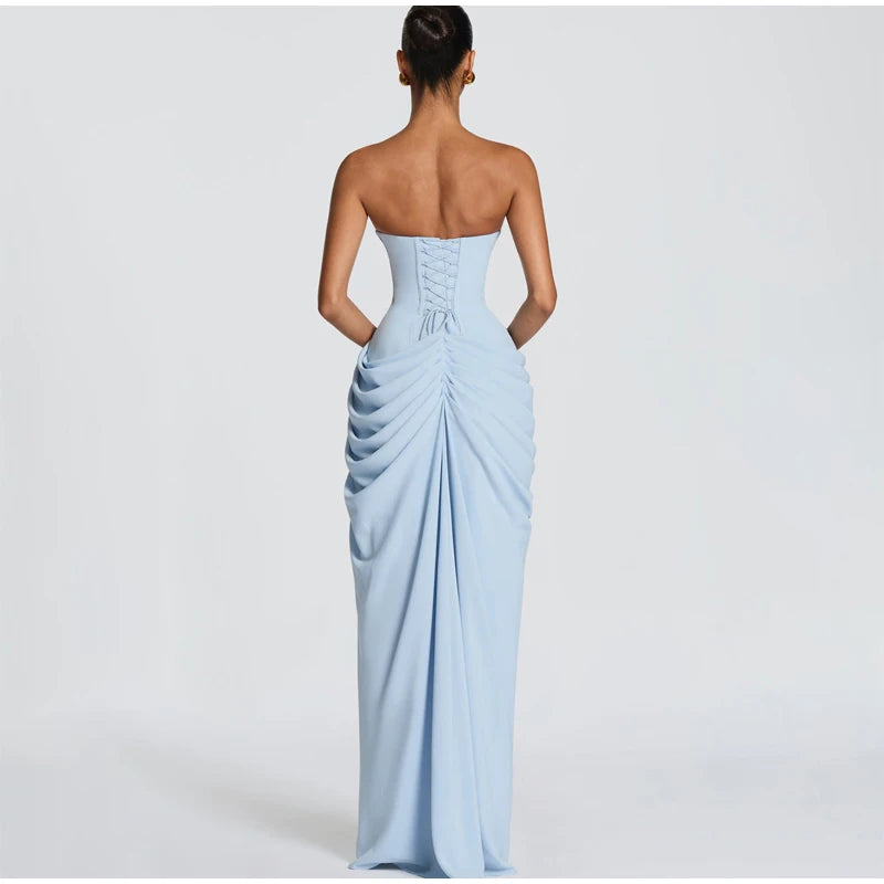 Yellow Strapless Pleated Women Split Maxi Dress Elegant Sleeveless Waist Cinching Slim Fit Dresses 2026 Lady Daily Party Gowns