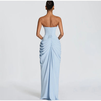 Yellow Strapless Pleated Women Split Maxi Dress Elegant Sleeveless Waist Cinching Slim Fit Dresses 2026 Lady Daily Party Gowns
