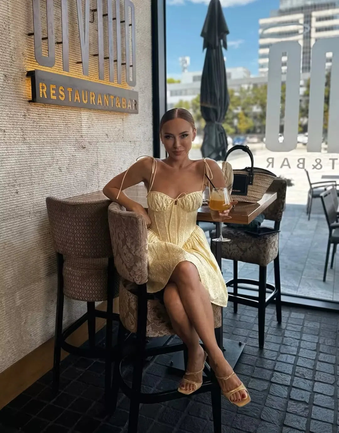 YENKYE Sexy Elegant Women Hollow Out Embroidery Yellow Sling Mini Dress Low Waist Lace Up Bandage Party Dresses Birthday Robe