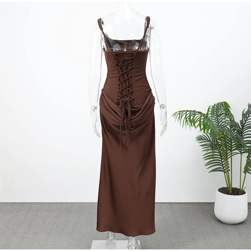 Solid Pleated Sling Dress Square Neck Sleeveless Off-shoulder Waist Cinching Slim Women Dresses Fashion Evening Party Gowns 2025