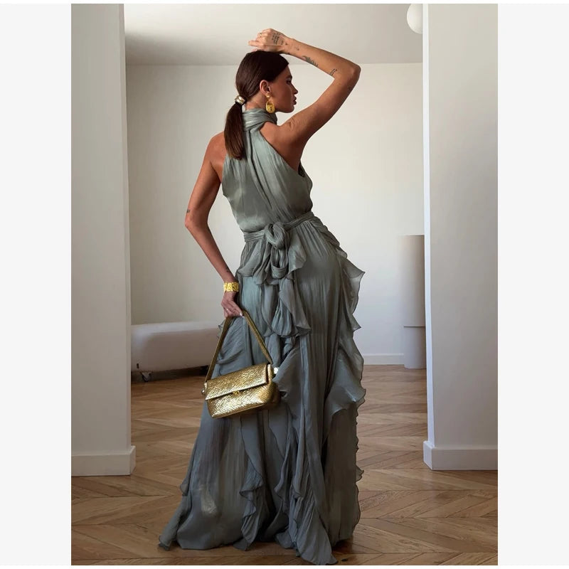 Women Solid Halter Neck Ruffle Long Dress Elegant Sleeveless Chiffon Tiered Waist Cinching Maxi Dresses 2026 New Street Vestidos