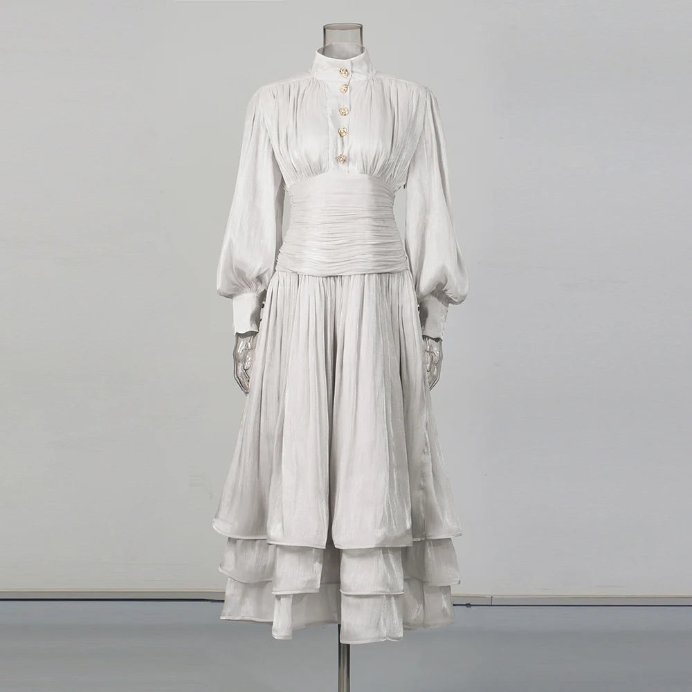 TWOTWINSTYLE Solid Spliced Ruffles Folds Elegant Dresses for Women Stand Neck Long Sleevs Tunic Temperament Dress Female Fashion