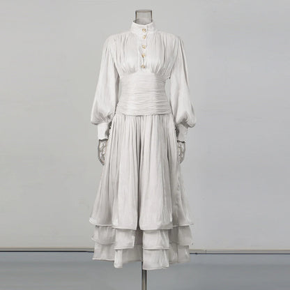 TWOTWINSTYLE Solid Spliced Ruffles Folds Elegant Dresses for Women Stand Neck Long Sleevs Tunic Temperament Dress Female Fashion