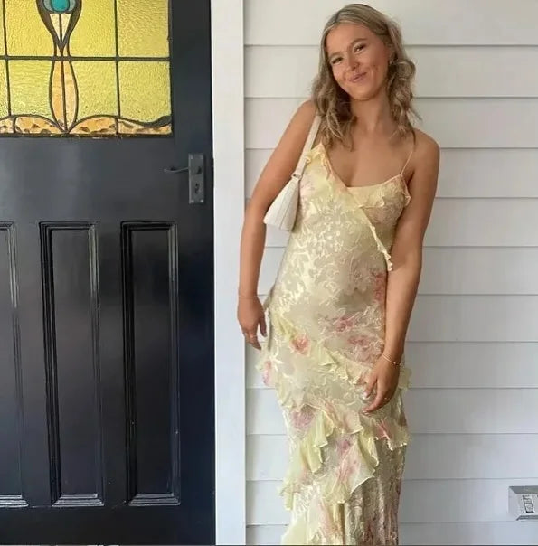 Women Solid Halter Neck Ruffle Long Dress Elegant Sleeveless Chiffon Tiered Waist Cinching Maxi Dresses 2026 New Street Vestidos