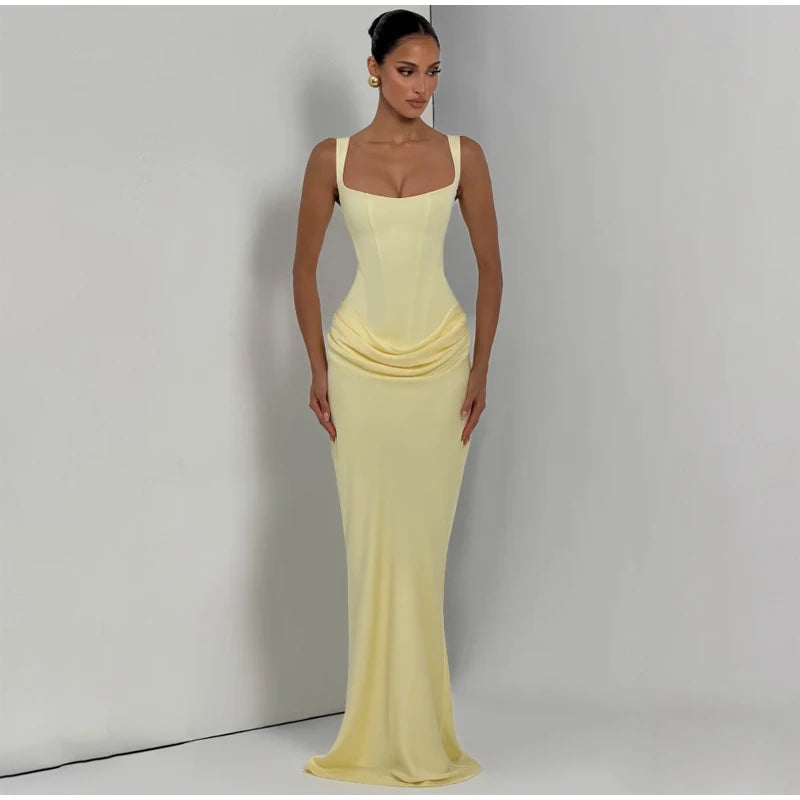 Yellow Strapless Pleated Women Split Maxi Dress Elegant Sleeveless Waist Cinching Slim Fit Dresses 2026 Lady Daily Party Gowns