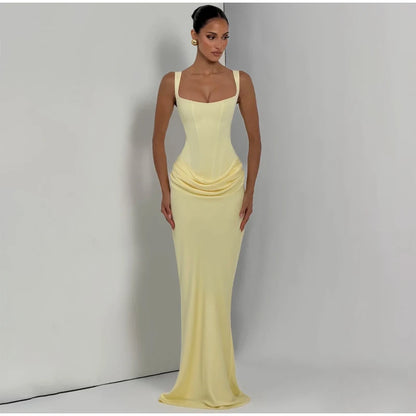 Yellow Strapless Pleated Women Split Maxi Dress Elegant Sleeveless Waist Cinching Slim Fit Dresses 2026 Lady Daily Party Gowns