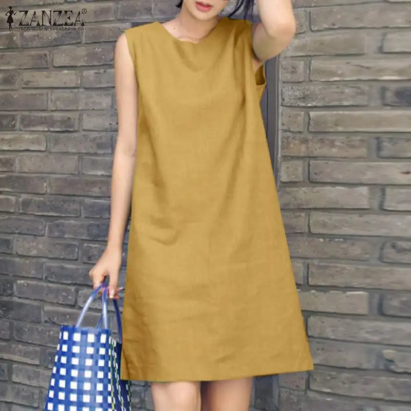 2024 Summer Dress ZANZEA Fashion Sleeveless Beach Vestidos Office Work Sundress Women Elegant Solid Color Dresses Robe Femme