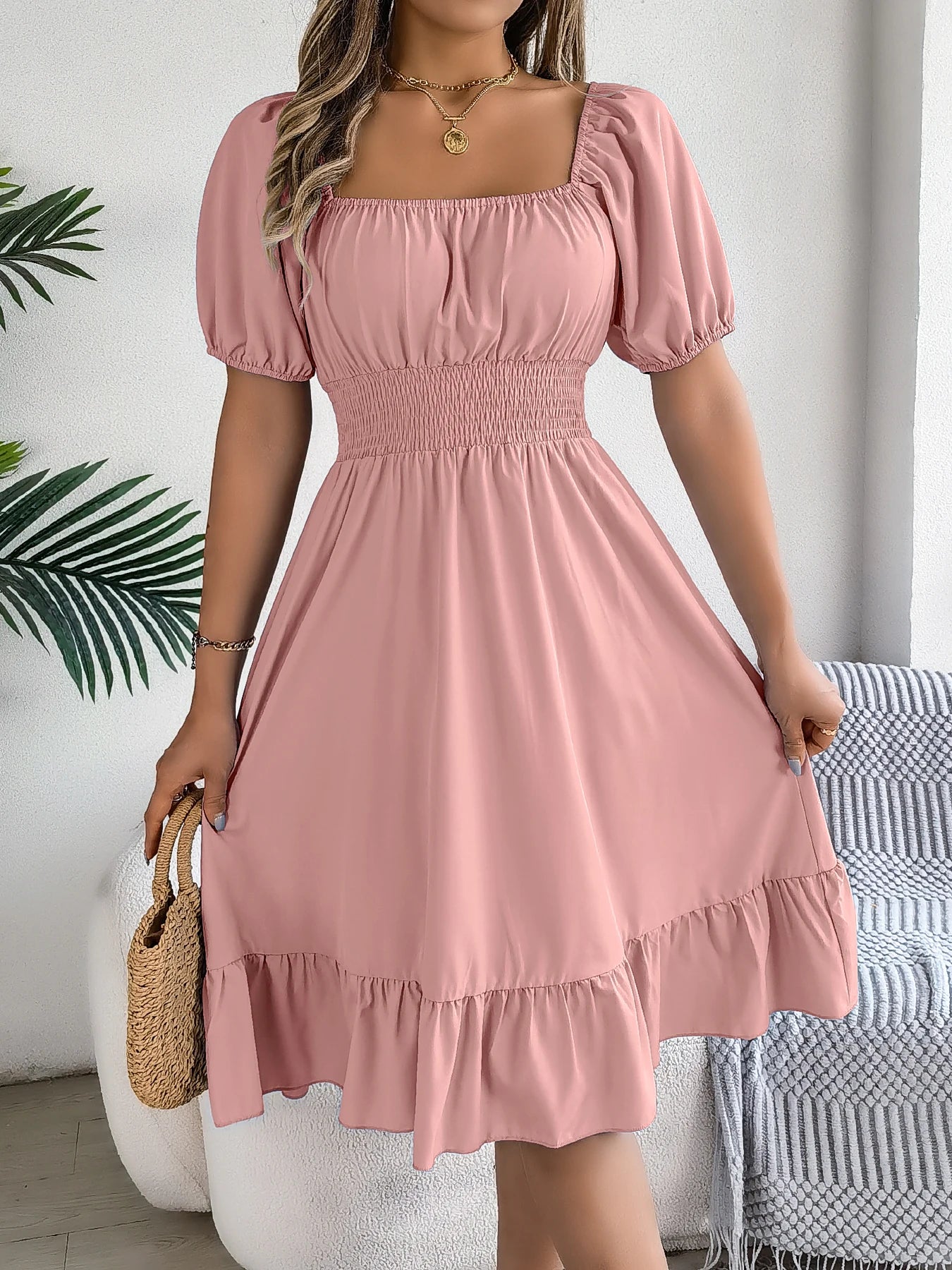 Spring Summer Elegant High Waisted Dress Square Neck Short Sleeved Ruffled Edge Long Dresses 2026 Valentine's Day Woman Clothing