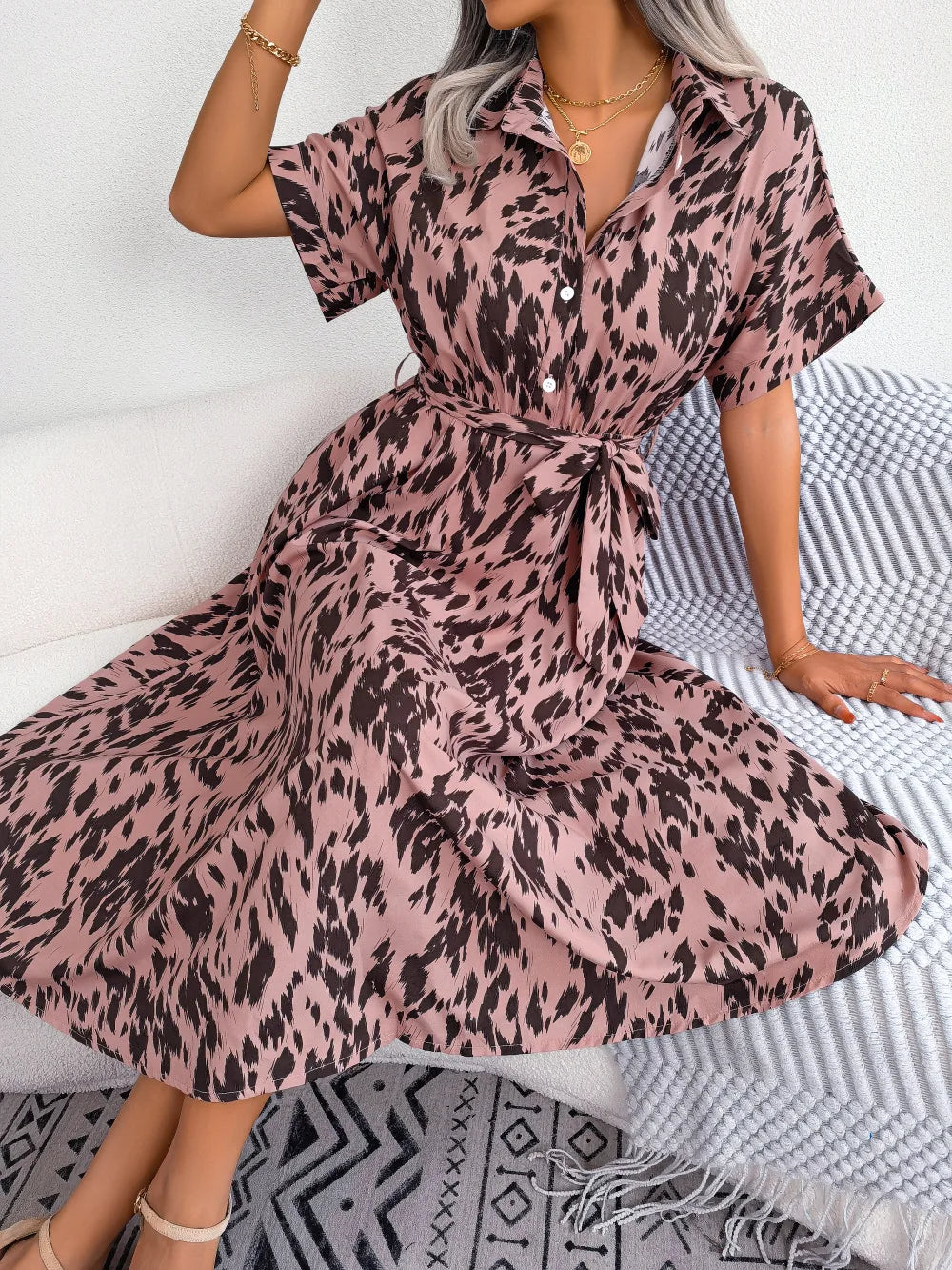 Ficusrong Women Summer Casual Loose Leopard Lace Up Shirt Dress For Ladies Fashion All Match Chic Dresses