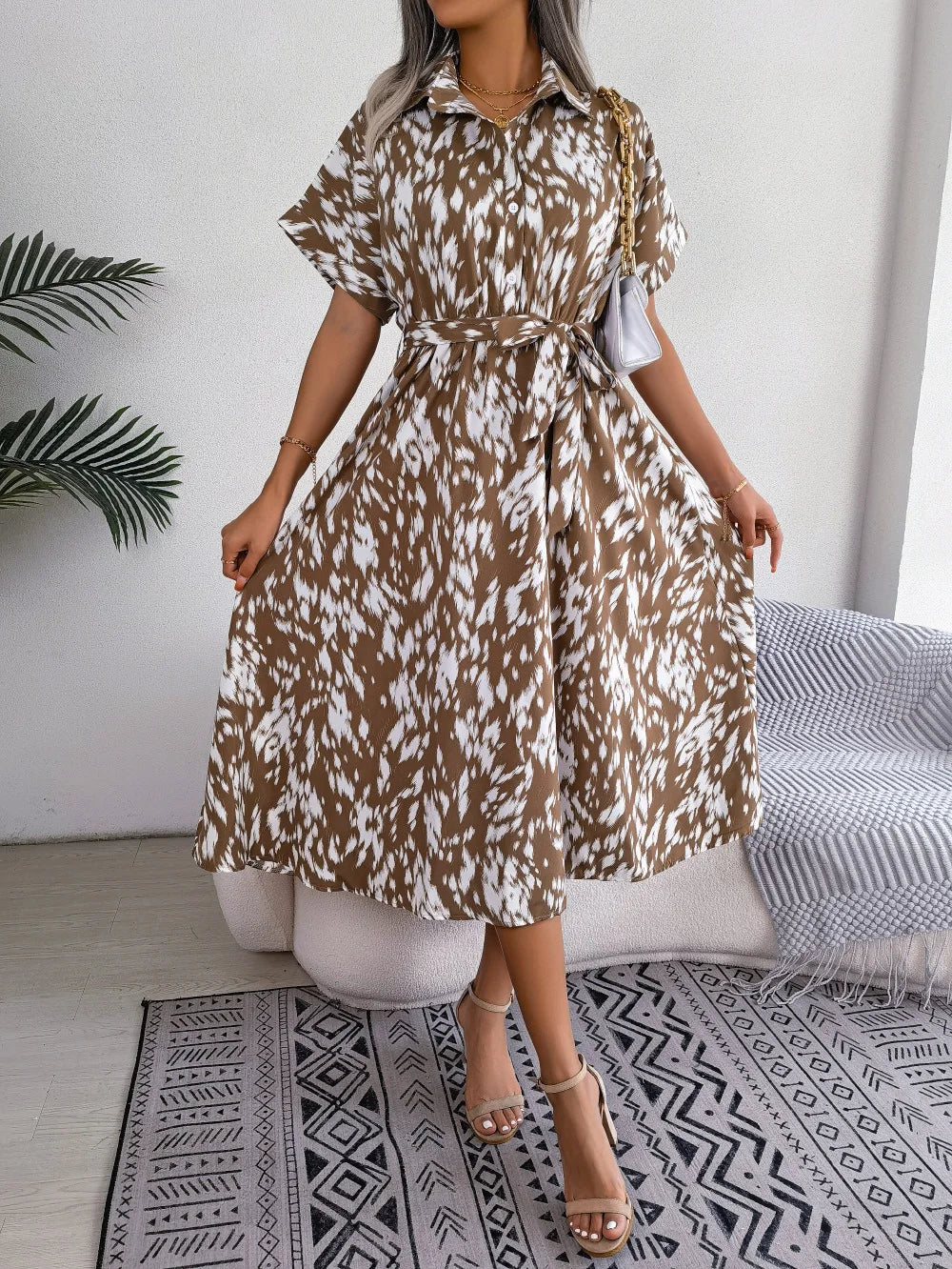 Ficusrong Women Summer Casual Loose Leopard Lace Up Shirt Dress For Ladies Fashion All Match Chic Dresses