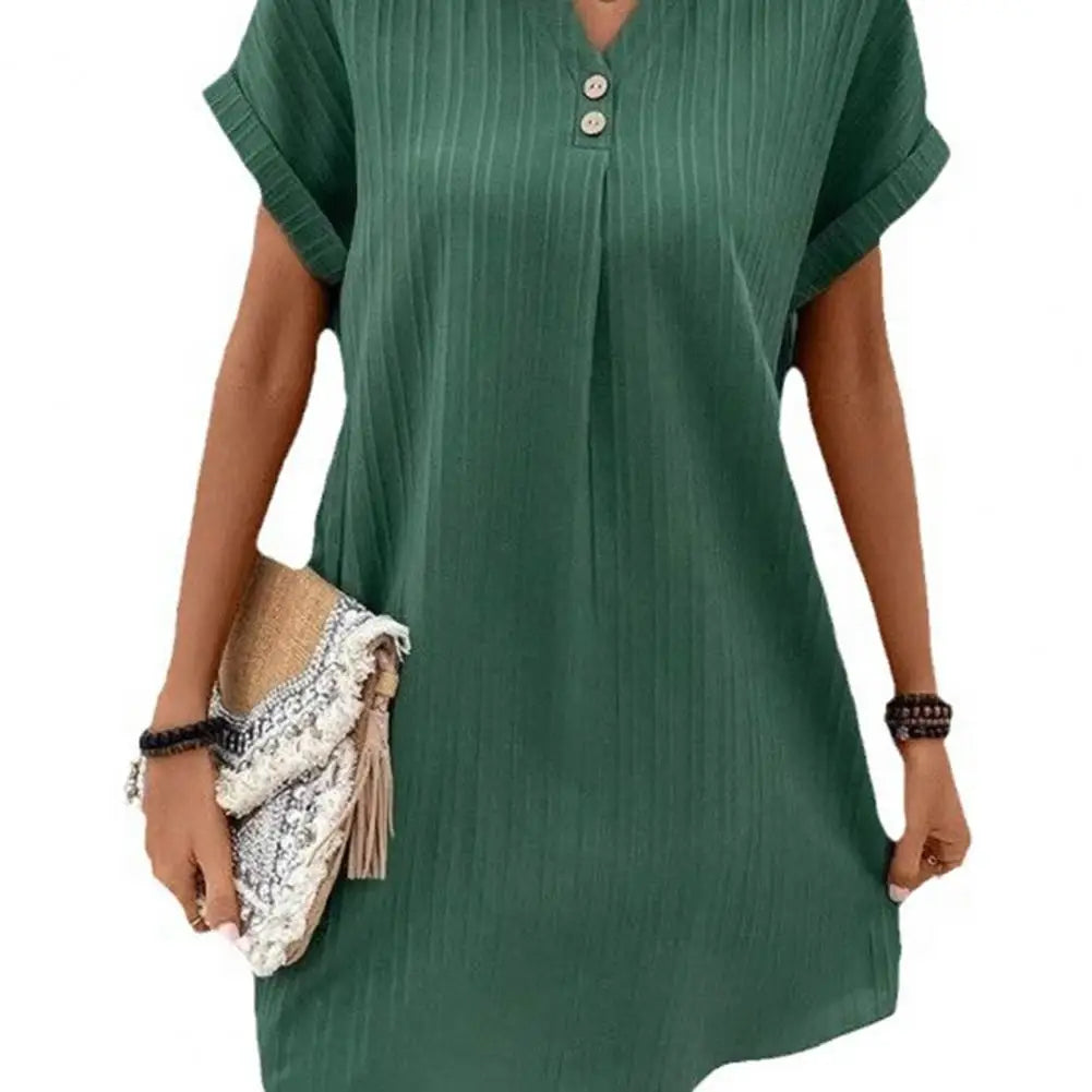 Summer Women Dress V Neck Button Short Sleeves Loose Casual Loose Fit Button Dress Summer Loose Lady Short Dress Women Dresses