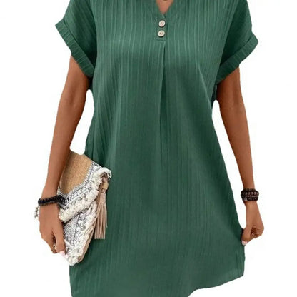 Summer Women Dress V Neck Button Short Sleeves Loose Casual Loose Fit Button Dress Summer Loose Lady Short Dress Women Dresses