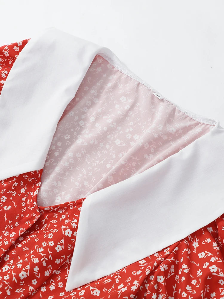 Red Floral Print Peter Pan Collar Women Summer Dress Puff Sleeve V Neck A-line Mini Dresses  2026 Lady Weekend Getaway Vestidos