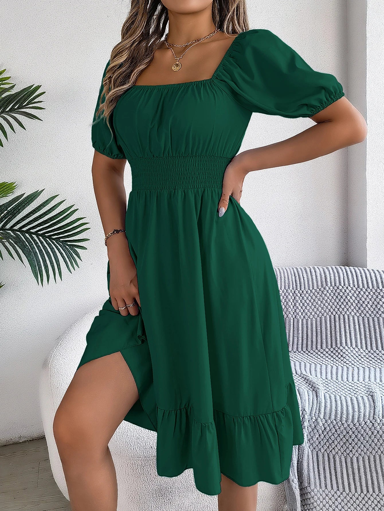 Spring Summer Elegant High Waisted Dress Square Neck Short Sleeved Ruffled Edge Long Dresses 2026 Valentine's Day Woman Clothing