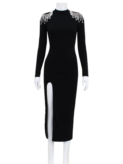 Ahagaga Fashion Hollow Out Women Maxi Dresses Sexy Solid Backless Casual Turtleneck Slim Elegant Bodycon Vestidos Robes Split