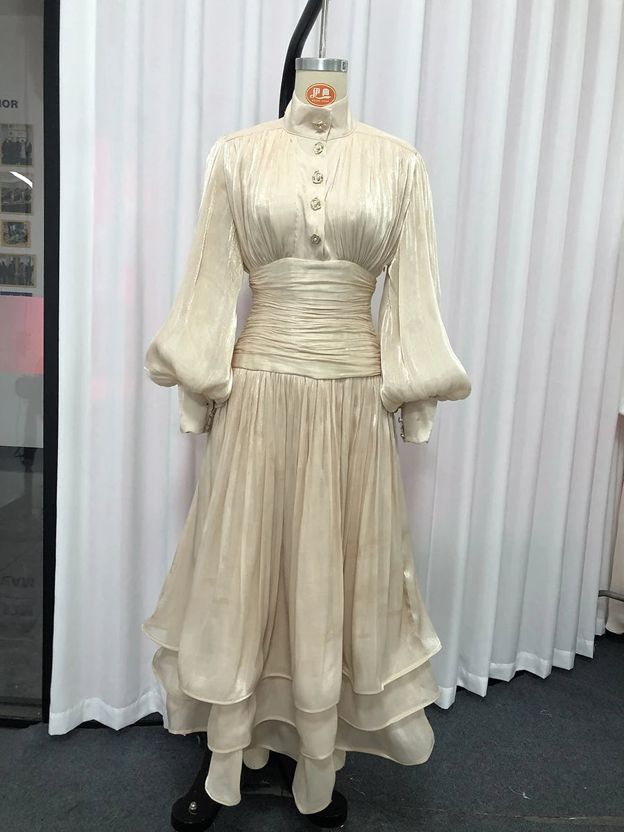 TWOTWINSTYLE Solid Spliced Ruffles Folds Elegant Dresses for Women Stand Neck Long Sleevs Tunic Temperament Dress Female Fashion