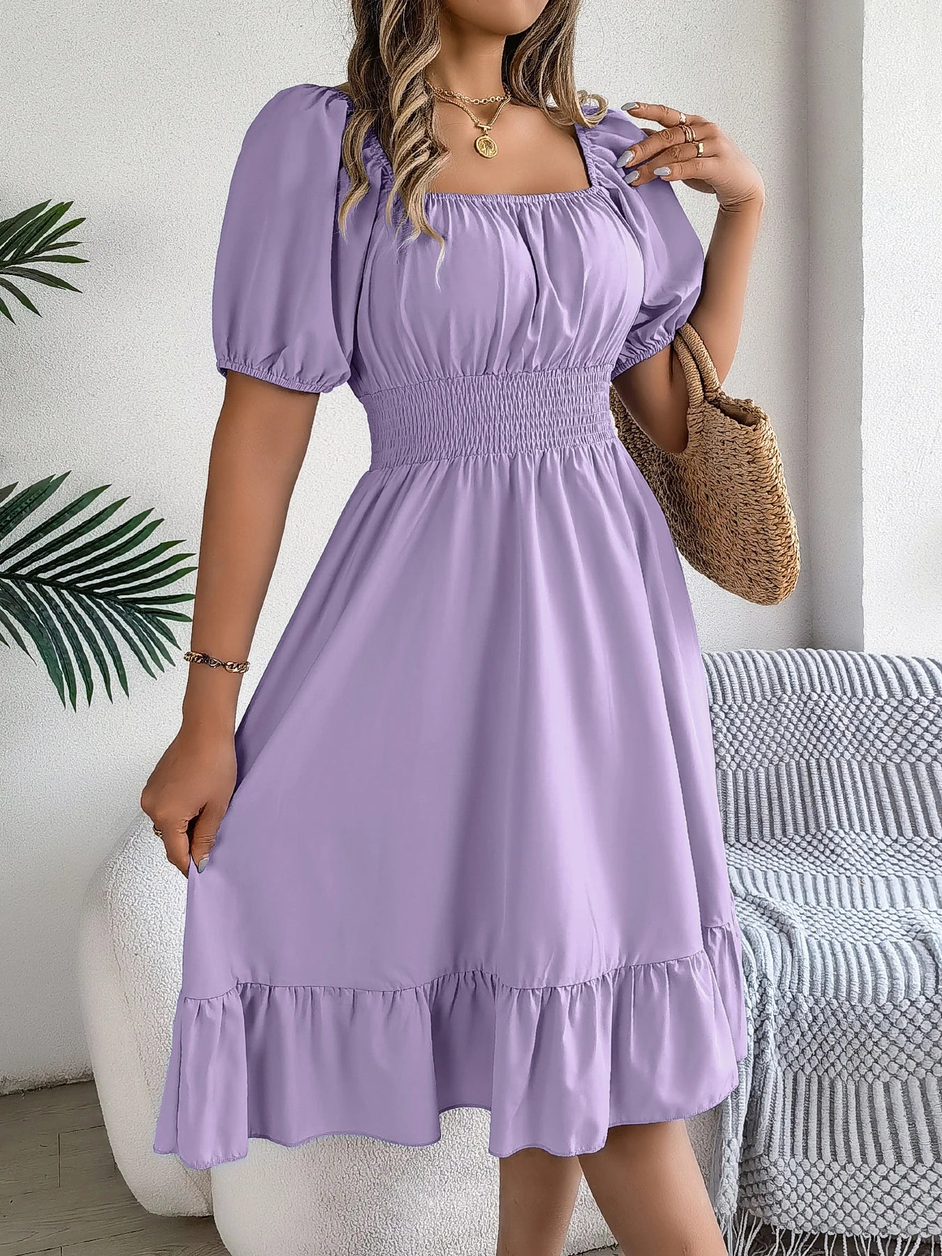 Spring Summer Elegant High Waisted Dress Square Neck Short Sleeved Ruffled Edge Long Dresses 2026 Valentine's Day Woman Clothing