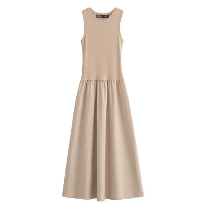 MUJER Black Pleated Long Dresses for Women Knitted Sleeveless Maxi Dress Woman Vintage Party Womens Dresses Spring Casual Dress