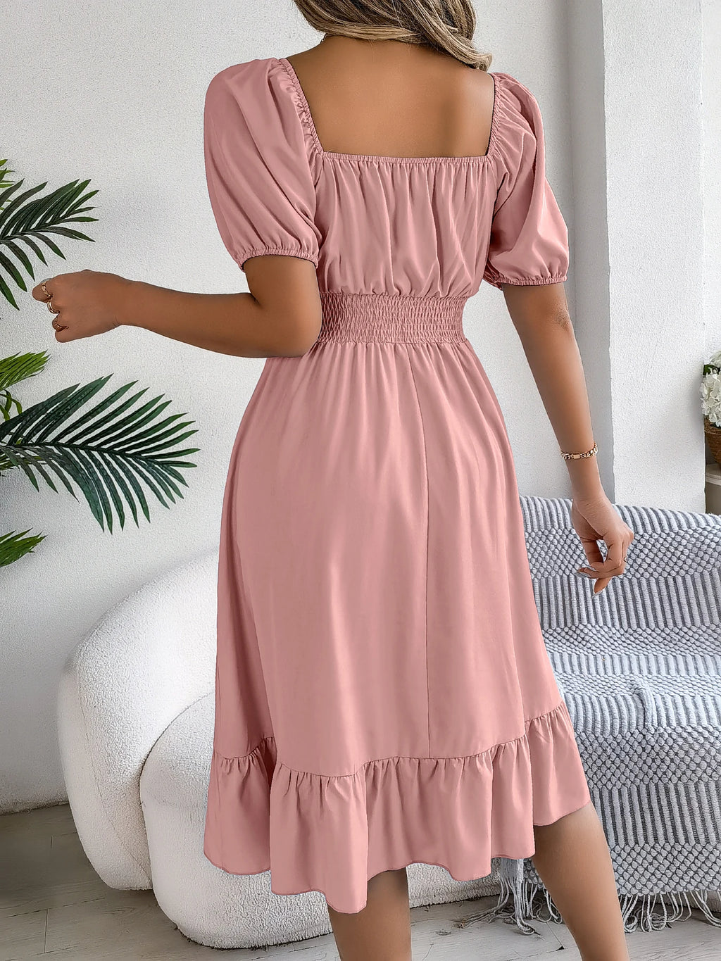 Spring Summer Elegant High Waisted Dress Square Neck Short Sleeved Ruffled Edge Long Dresses 2026 Valentine's Day Woman Clothing
