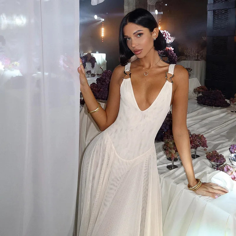 DGLUKE Transparent Mesh Maxi Dress With Bodysuit Plunging Backless Long Summer Dress Women Sexy Beach Party Dresses