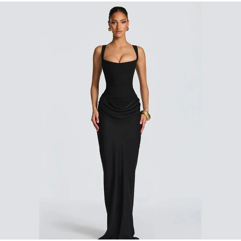 Women Brown Square-neck Pleated Sling Maxi Dress Sexy Sleeveless Off-shoulder Waist Cinching Slim Dresses Evening Party Gown