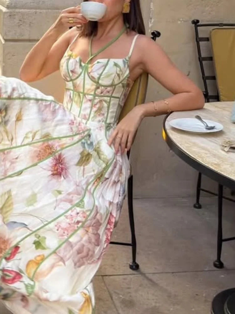 Women Chic Printed Gathered Large Swing Dress Sexy Sleeveless High Waist Slim Fit Sling Dresses 2026 New Lady Party Club Gowns
