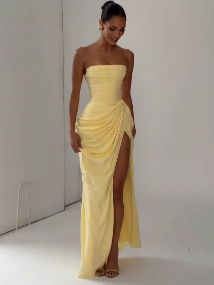 Yellow Strapless Pleated Women Split Maxi Dress Elegant Sleeveless Waist Cinching Slim Fit Dresses 2026 Lady Daily Party Gowns