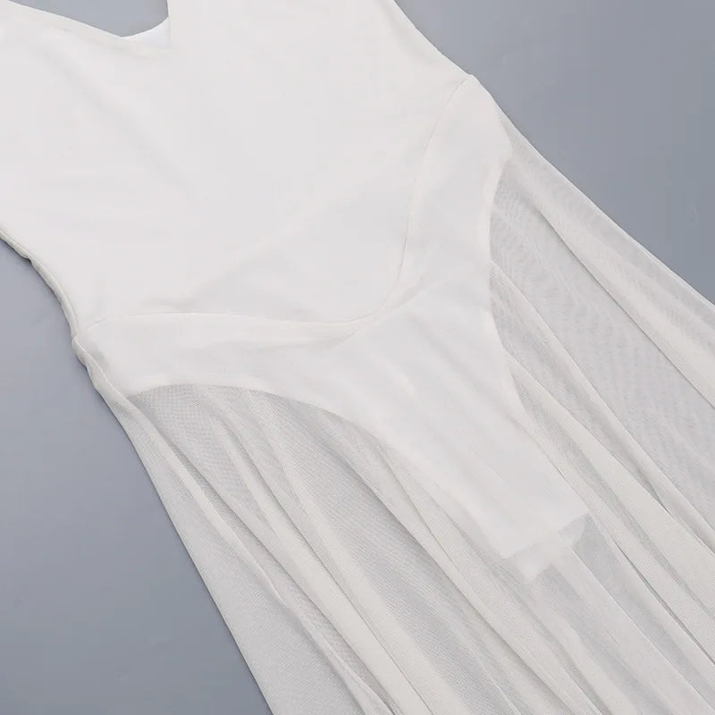 DGLUKE Transparent Mesh Maxi Dress With Bodysuit Plunging Backless Long Summer Dress Women Sexy Beach Party Dresses