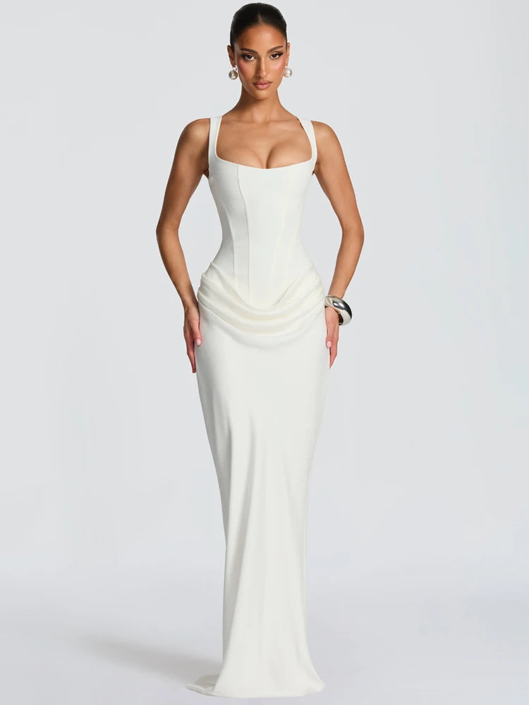 Mozision Elegant Backless Sexy Maxi Dress Women Gown Fashion Square Collar Sleeveless Skinny Ruched Club Party Long Dresses