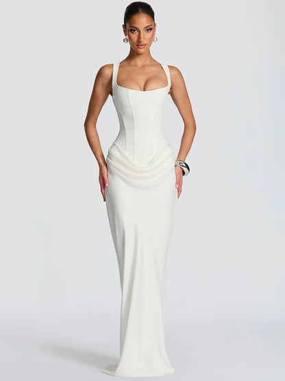 Mozision Elegant Backless Sexy Maxi Dress Women Gown Fashion Square Collar Sleeveless Skinny Ruched Club Party Long Dresses