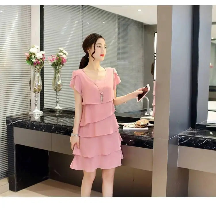 2026 Dress For Women Summer Wave Cut Ruffle Sweet Solid Short Sleeve Slim Dresses Lady Casual All-match Vestido O-Neck Chiffon