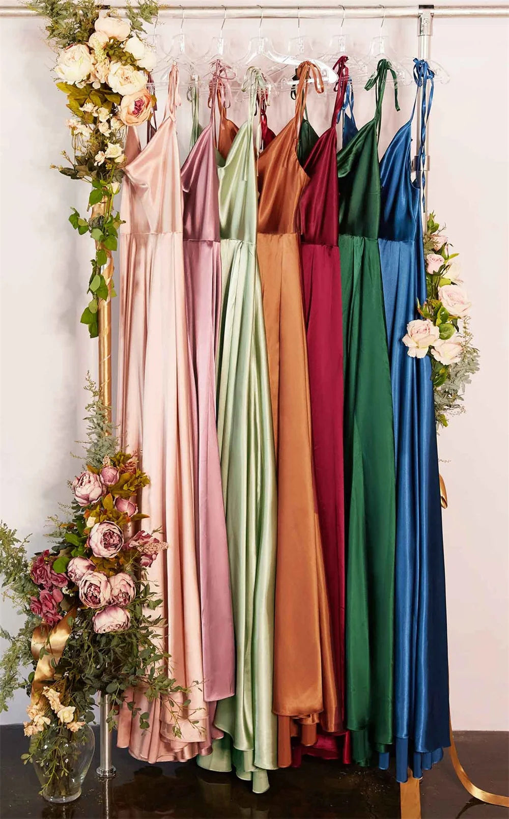 Elegant Women Maxi Beach Satin Dress Sexy Leg Slit Lace up Evening Prom Gown Adjustable Straps Bridesmaid Dresses