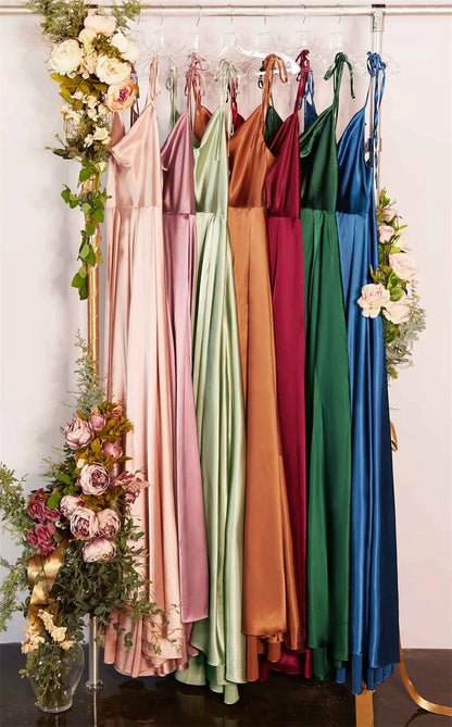 Elegant Women Maxi Beach Satin Dress Sexy Leg Slit Lace up Evening Prom Gown Adjustable Straps Bridesmaid Dresses