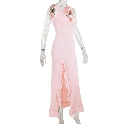 Ladies Summer Ruffle Evening Birthday Party Dress Women Sleeveless Backless Side Slit Long Dresses Clubwear Woman Clothes 2025