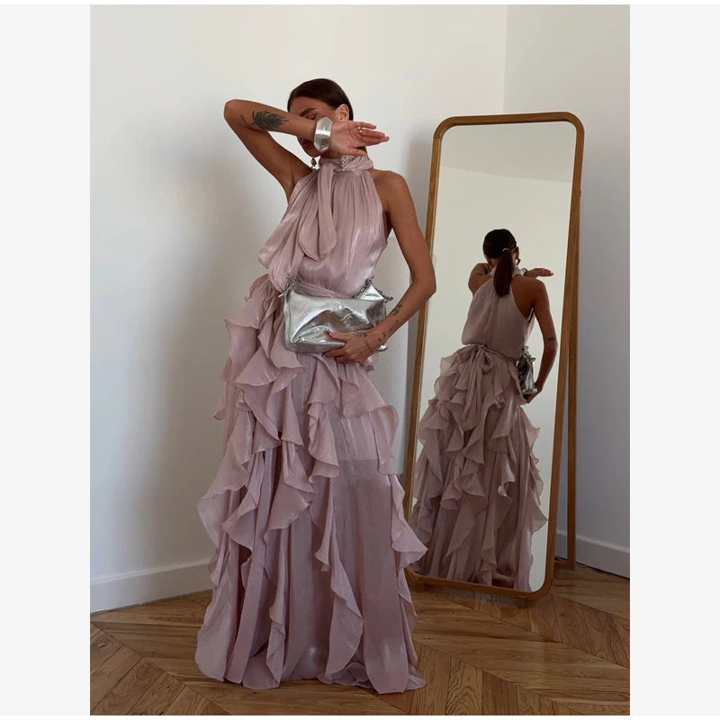 Women Solid Halter Neck Ruffle Long Dress Elegant Sleeveless Chiffon Tiered Waist Cinching Maxi Dresses 2026 New Street Vestidos
