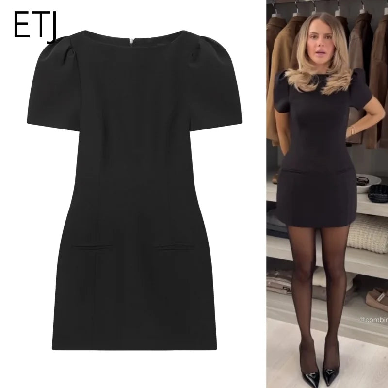 ETJ 2025 women's new products are elegant and stylish Short dress with a boat neck and short sleeves with pleats  black dress