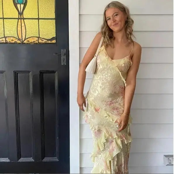 Women Solid Halter Neck Ruffle Long Dress Elegant Sleeveless Chiffon Tiered Waist Cinching Maxi Dresses 2026 New Street Vestidos