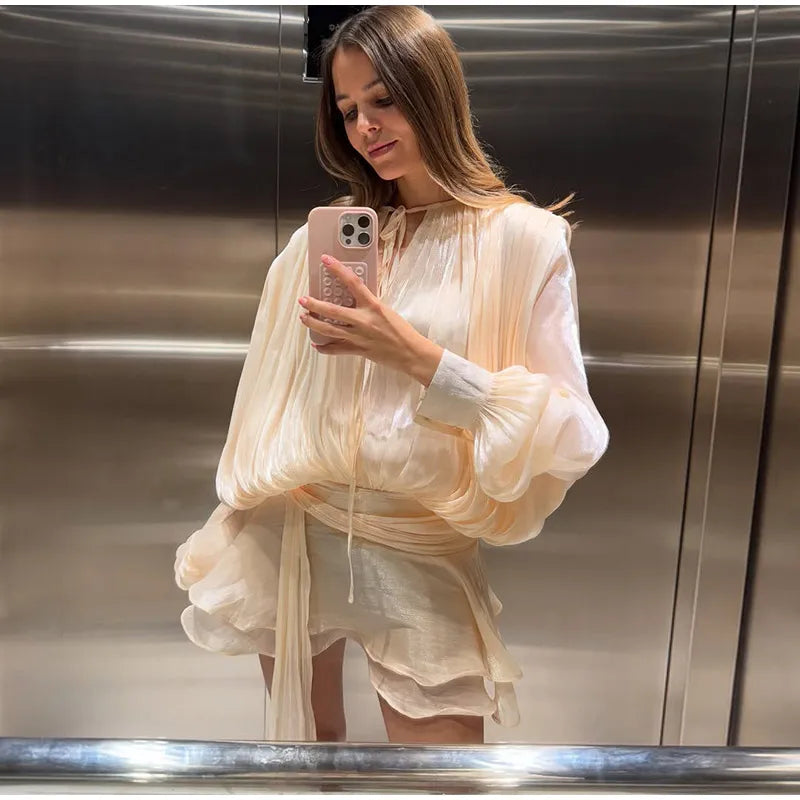 Fashion Solid Mesh Long Sleeved Backless Pleated Prom Dresses Chic Ruffle Bow Lace Up Women Mini Dresses Lady Spring Party Robe