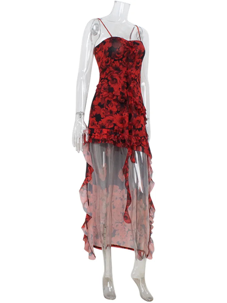 CNYISHE Camisoles Mesh Patchwork Prints Sheer Irregular hemline Trendy Chic Sheath Women Dresses Sexy Club Streetwear Female