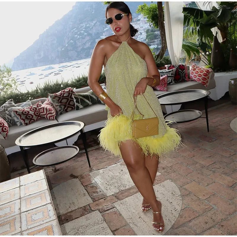 Sexy Feather Patchork Sling Short Dress Women Sleeveless Backless Slim Female Dresses 2026 Spring Summer Lady Beach Chic Robes