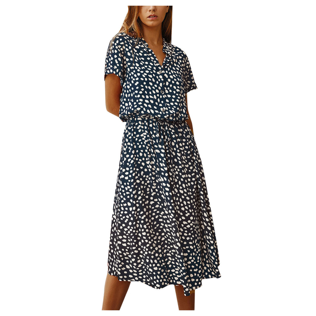 Summer Dresses Women Summer Polka Dot Printing Dresses With Buttons Short Sleeves Drawstring High Waist Dress Vestidos 2023