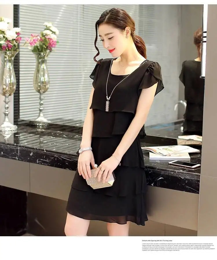 2026 Dress For Women Summer Wave Cut Ruffle Sweet Solid Short Sleeve Slim Dresses Lady Casual All-match Vestido O-Neck Chiffon