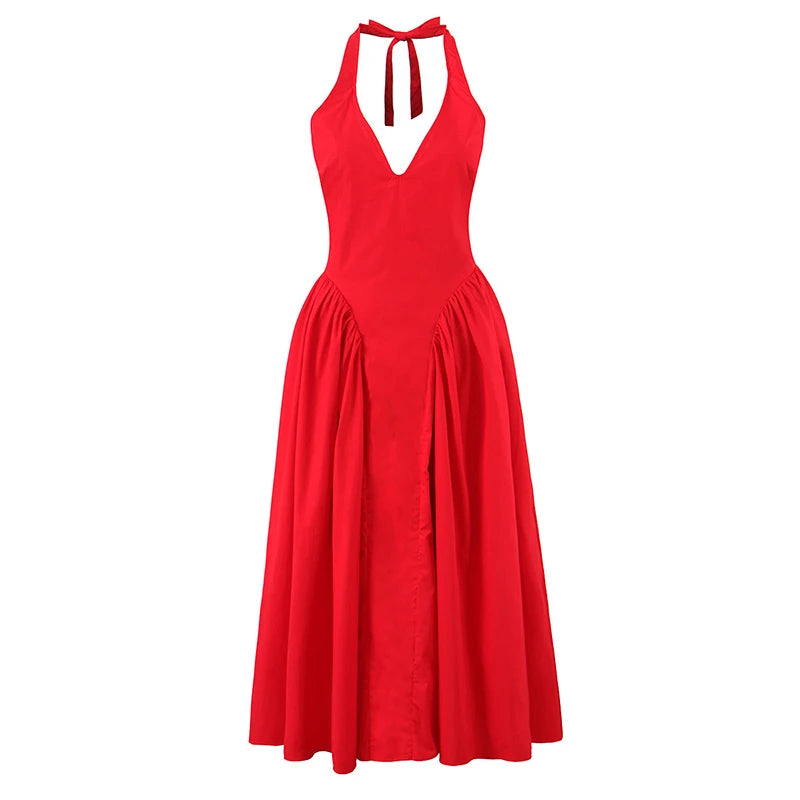 YENKYE Sexy Backless Green Elegant Halter Dress For Women Low Waist A-line Midi Summer Evening Party Dresses Cotton Robe