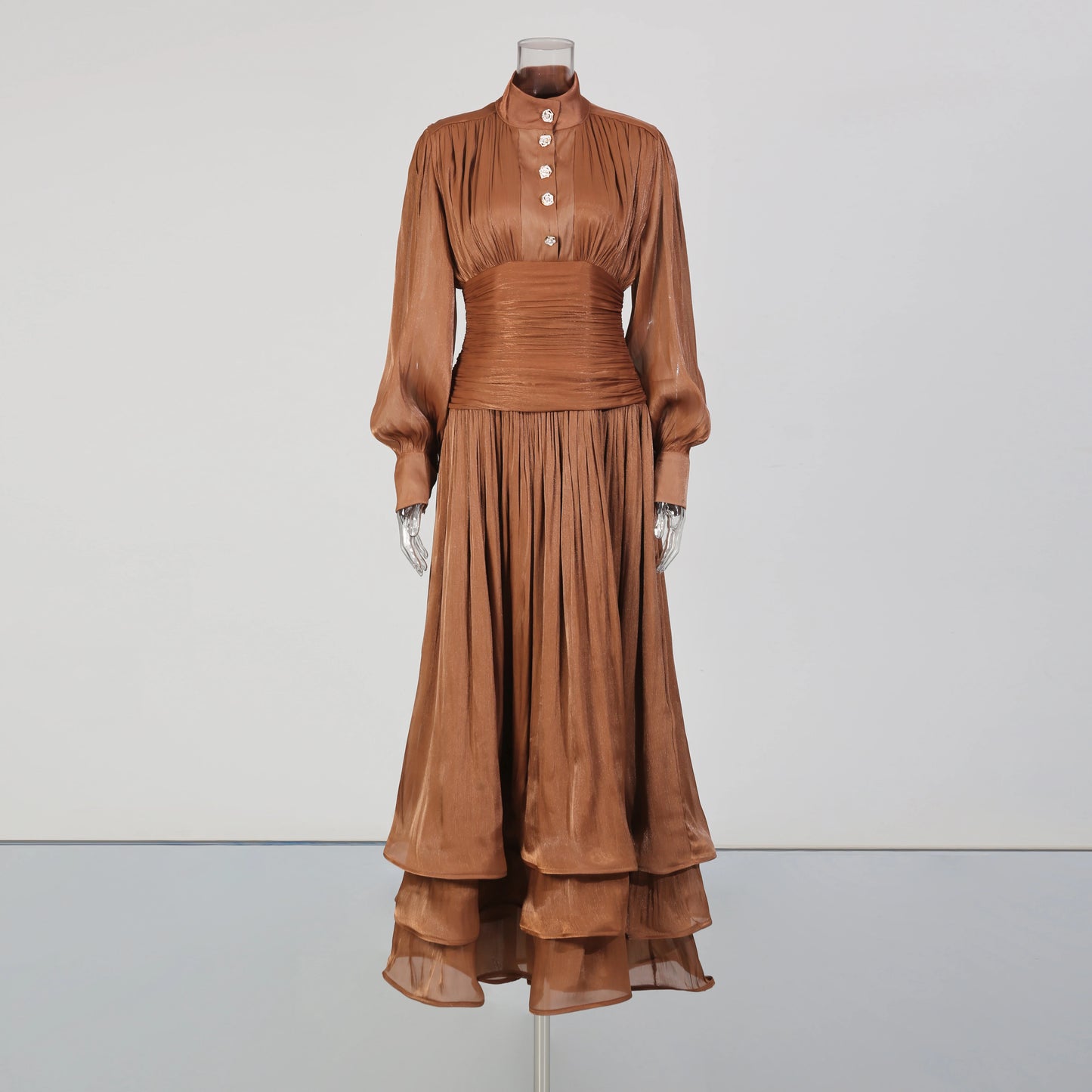 TWOTWINSTYLE Solid Spliced Ruffles Folds Elegant Dresses for Women Stand Neck Long Sleevs Tunic Temperament Dress Female Fashion
