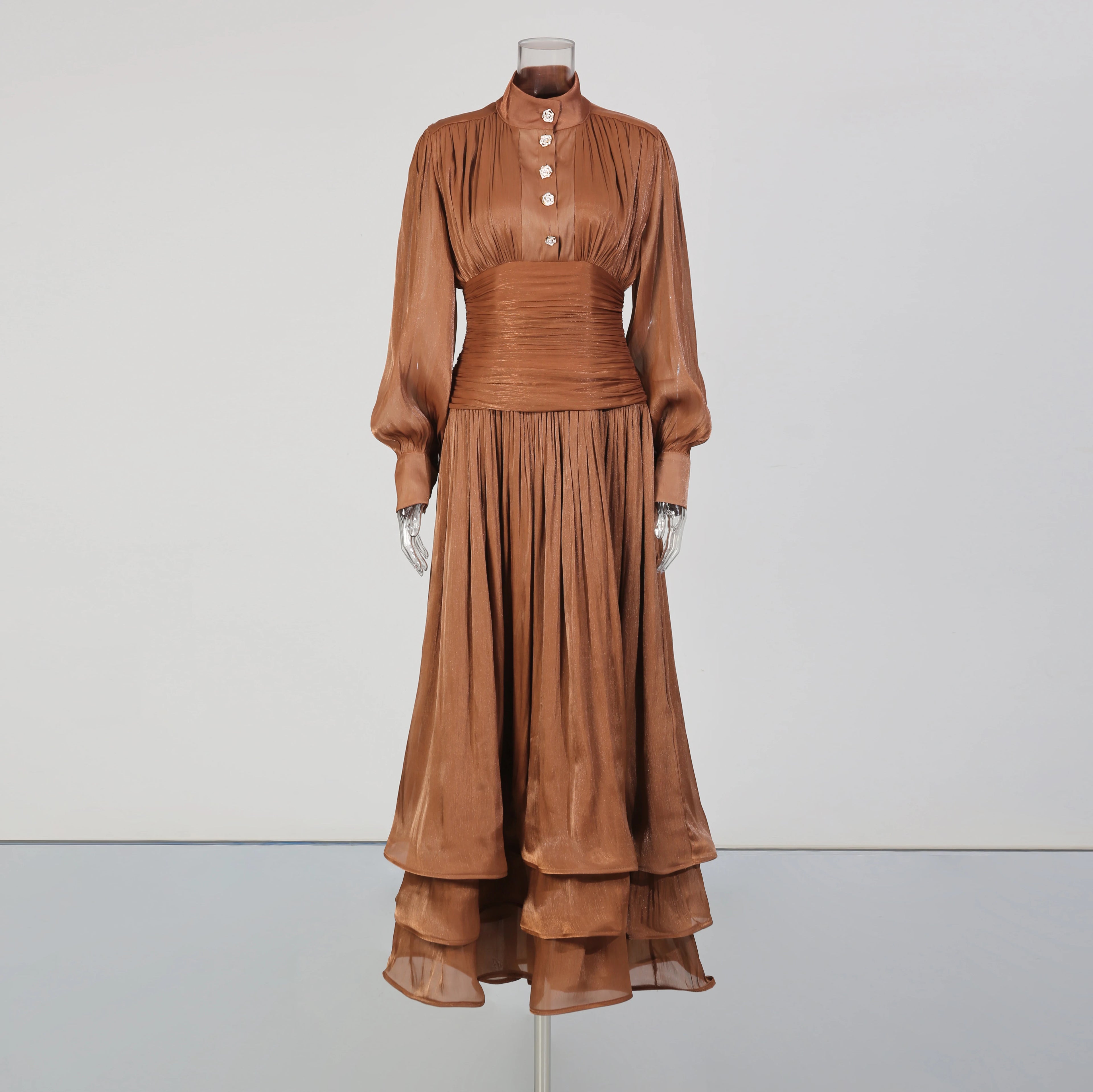 TWOTWINSTYLE Solid Spliced Ruffles Folds Elegant Dresses for Women Stand Neck Long Sleevs Tunic Temperament Dress Female Fashion