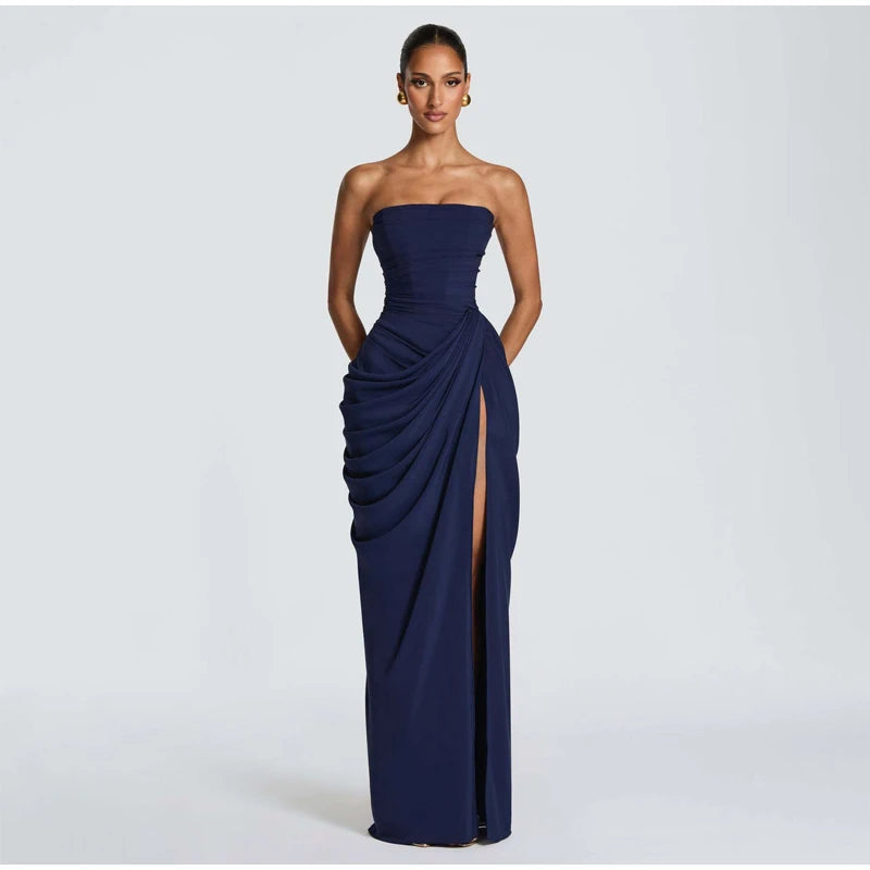 Yellow Strapless Pleated Women Split Maxi Dress Elegant Sleeveless Waist Cinching Slim Fit Dresses 2026 Lady Daily Party Gowns