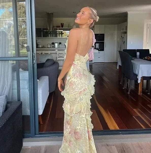 Women Solid Halter Neck Ruffle Long Dress Elegant Sleeveless Chiffon Tiered Waist Cinching Maxi Dresses 2026 New Street Vestidos
